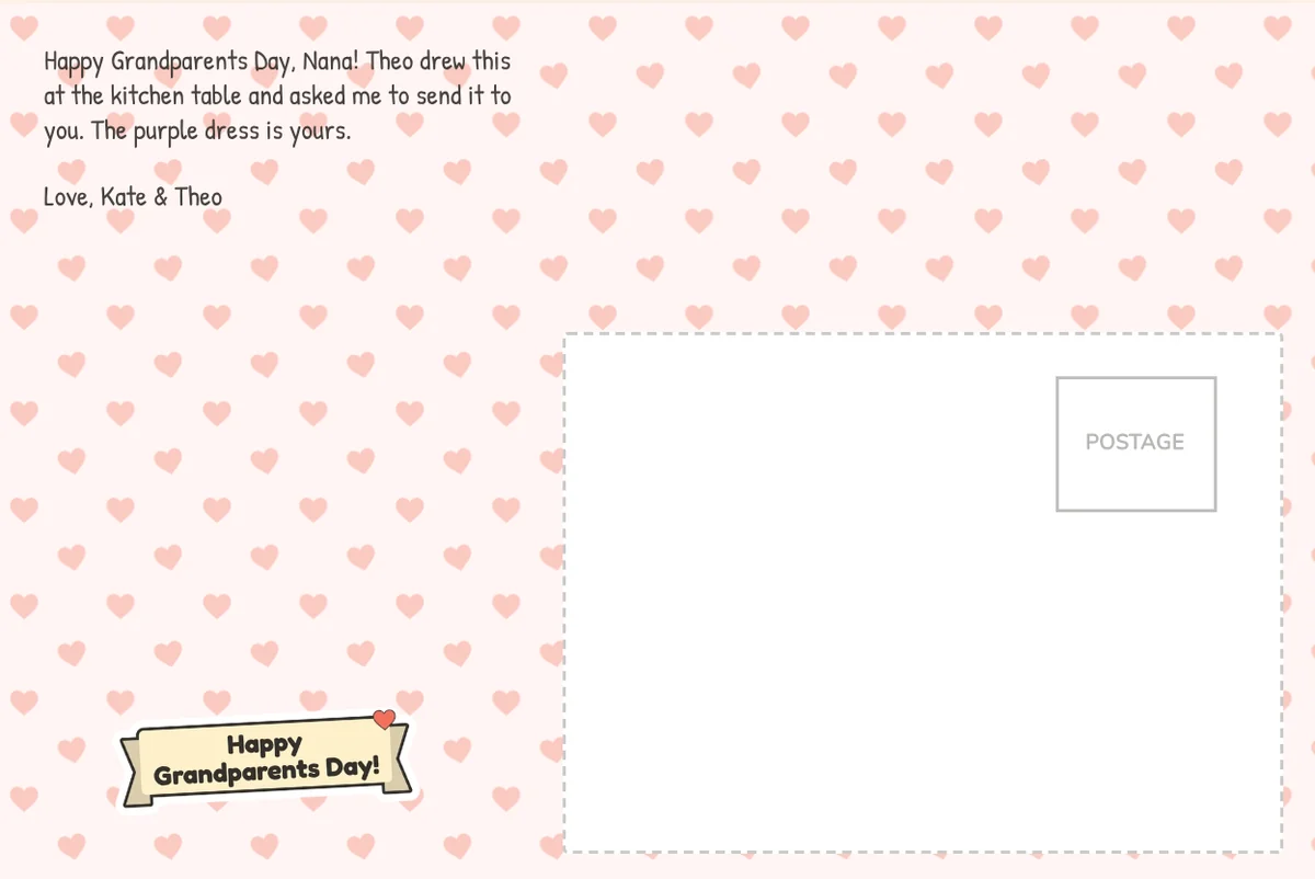 The back of the drawing card: a short note to Nana from Kate and Theo on a pink heart pattern, with a Happy Grandparents Day banner and a blank address box