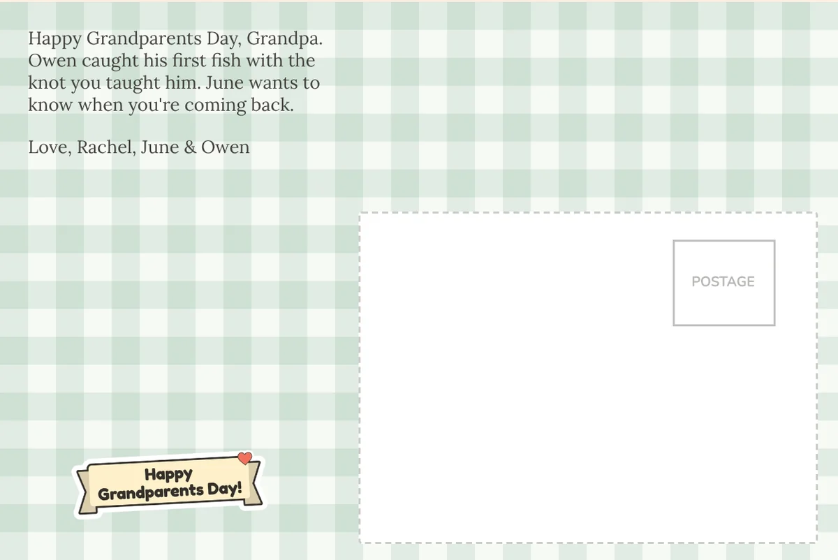 Card back on a green gingham pattern with a printed note to Grandpa about a first fish and a Happy Grandparents Day banner