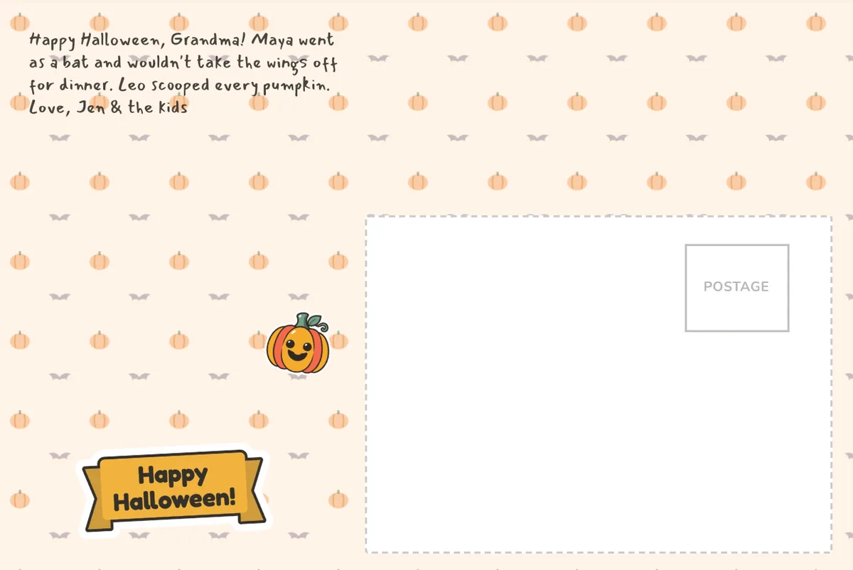 Card back with a pumpkin pattern, a printed note to Grandma, a Happy Halloween banner and the address box