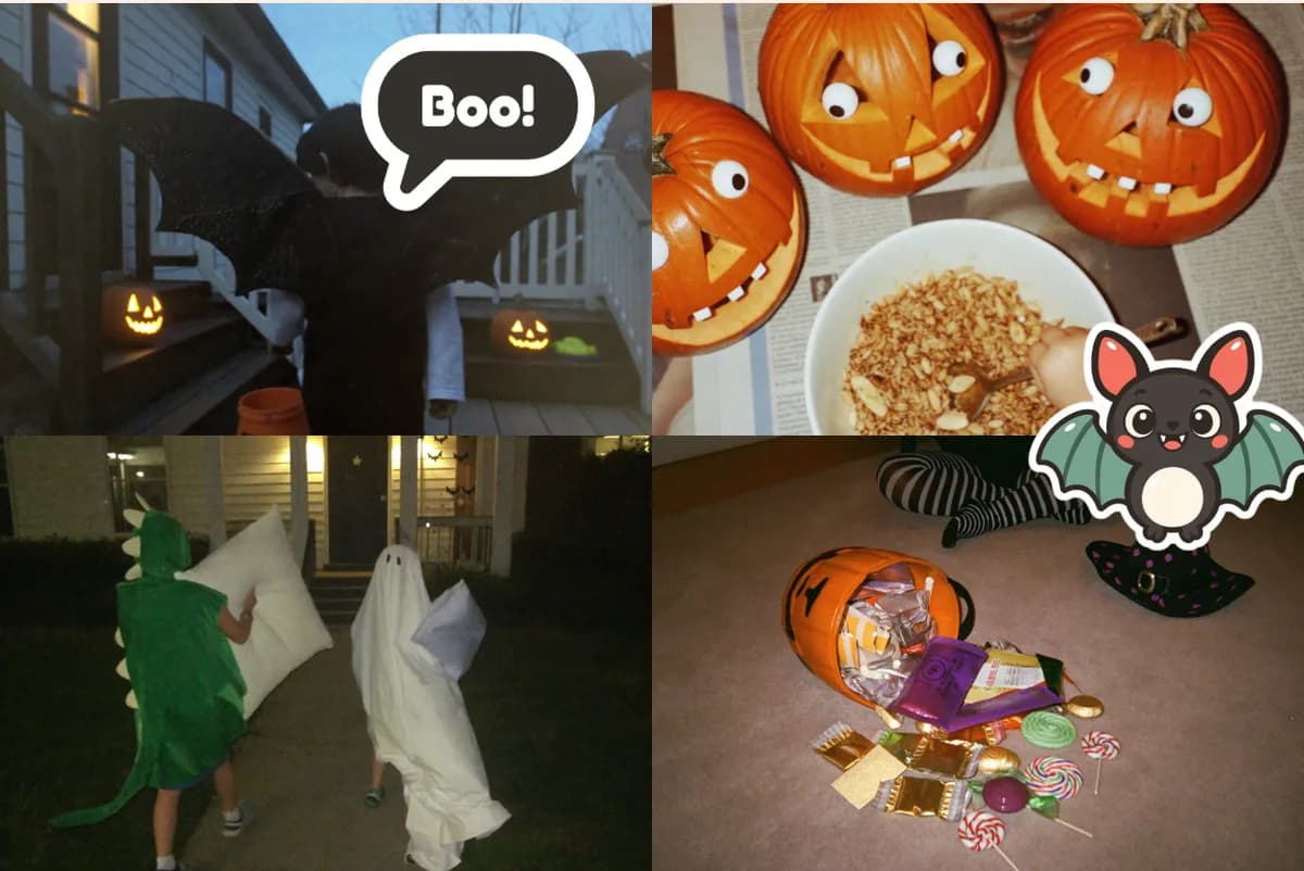 Card front with four photos: a child in a bat costume, carved pumpkins, two kids trick-or-treating as a dinosaur and a ghost, and a candy haul, with Boo! and bat stickers