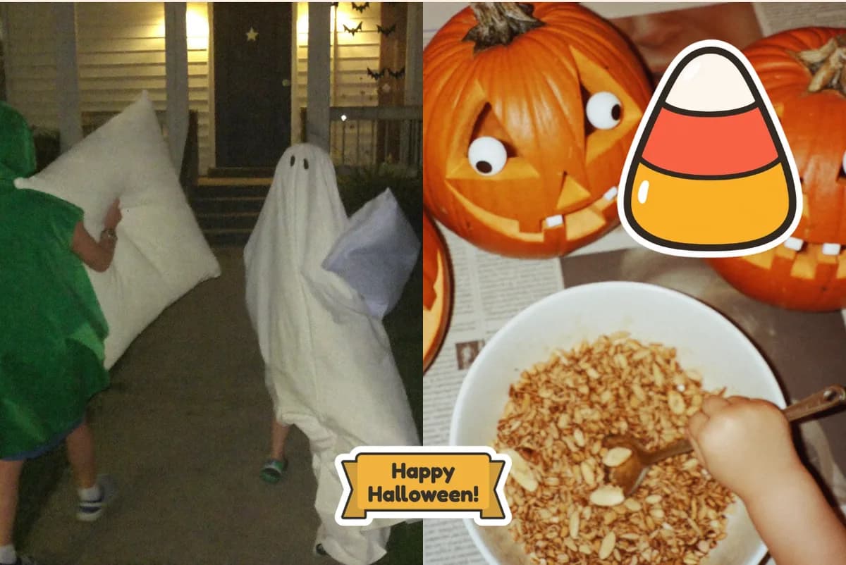 Card front with two photos side by side, a dinosaur and a ghost walking to a lit porch and kids scooping pumpkin seeds, with candy corn and Happy Halloween stickers