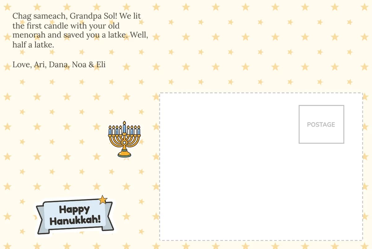Card back on the Stars pattern with a Chag sameach note to Grandpa Sol in a plain serif font, a menorah sticker and a Happy Hanukkah banner