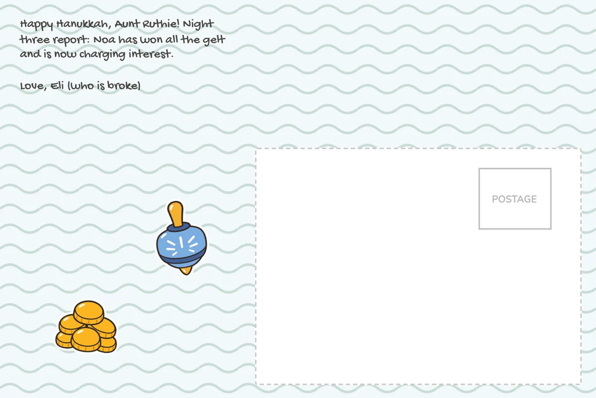 Card back on a blue Waves pattern with a joke about winning all the gelt, written in a casual font, with dreidel and gelt stickers