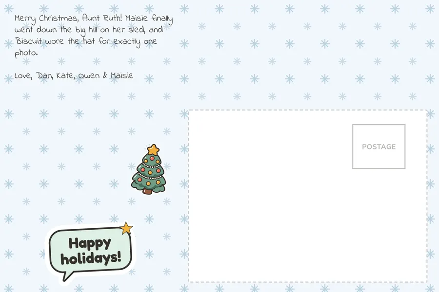 Back of the same card on a snowflake background, with a short Christmas message, a tree sticker and a Happy holidays sticker