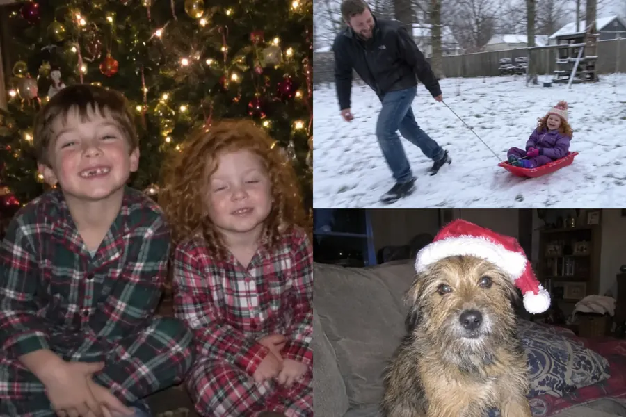 Front of a Christmas photo card: two kids in plaid pajamas by the tree, a dad pulling a toddler on a sled, a terrier in a Santa hat