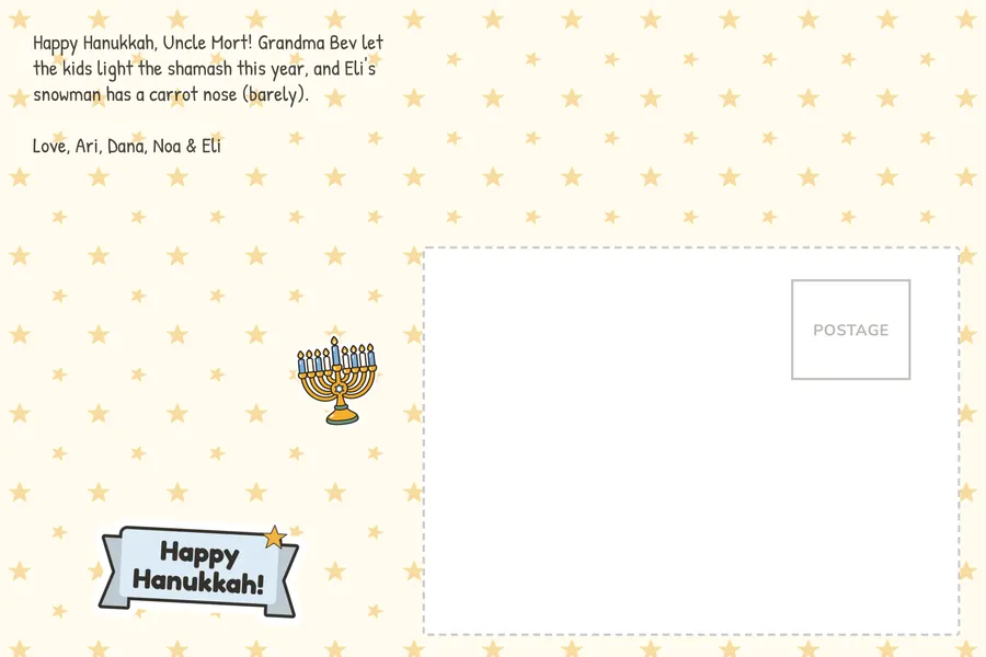 Back of the Hanukkah card on a stars background, with a message, a menorah sticker and a Happy Hanukkah sticker