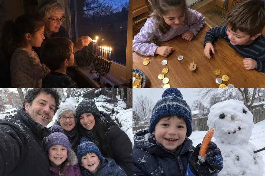 Front of a Hanukkah photo card with four photos: lighting the menorah, a dreidel game, a snowy family selfie and a snowman