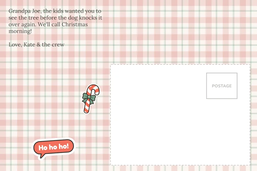 Back of the single-photo card on a plaid background, message in a plain serif font, with Ho ho ho and candy cane stickers