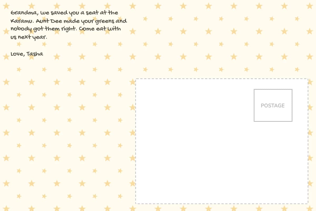 Card back on a stars design with a note to Grandma about saving her a seat at the Karamu feast