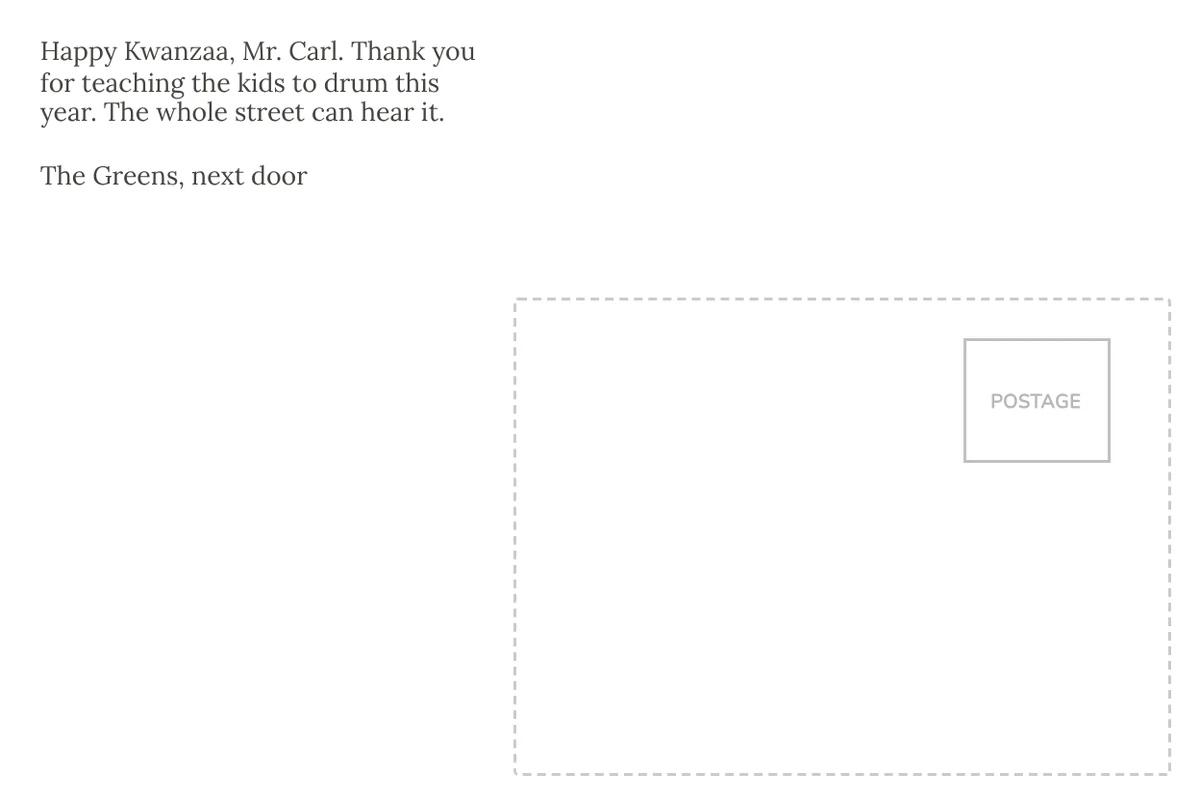Card back on a plain white design, set in a print font, thanking a neighbor for teaching the kids to drum