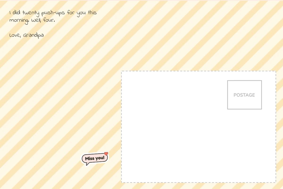 Card back on the Stripes pattern with a note from Grandpa about doing push-ups, in a handwriting-style font, with a Miss you sticker