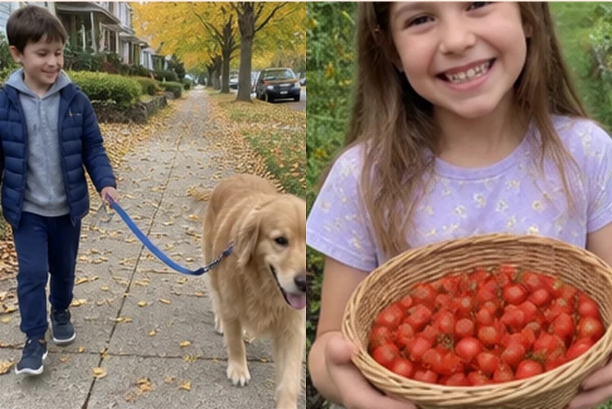 Card front with two photos side by side: a boy walking a golden retriever down a leafy sidewalk, and a girl holding a basket of cherry tomatoes
