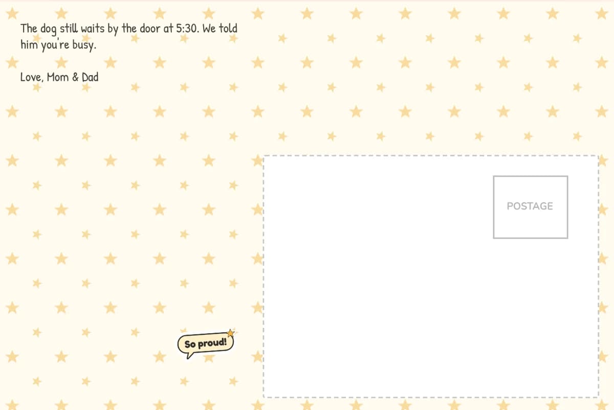 Card back on the Stars pattern with a note about the dog waiting by the door, in a handwriting-style font, with a So proud sticker