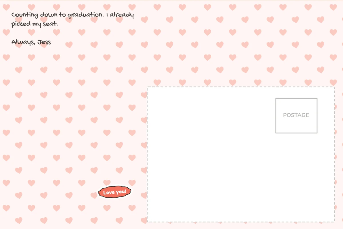 Card back on the Hearts pattern with a note counting down to graduation, in a handwriting-style font, with a Love you sticker