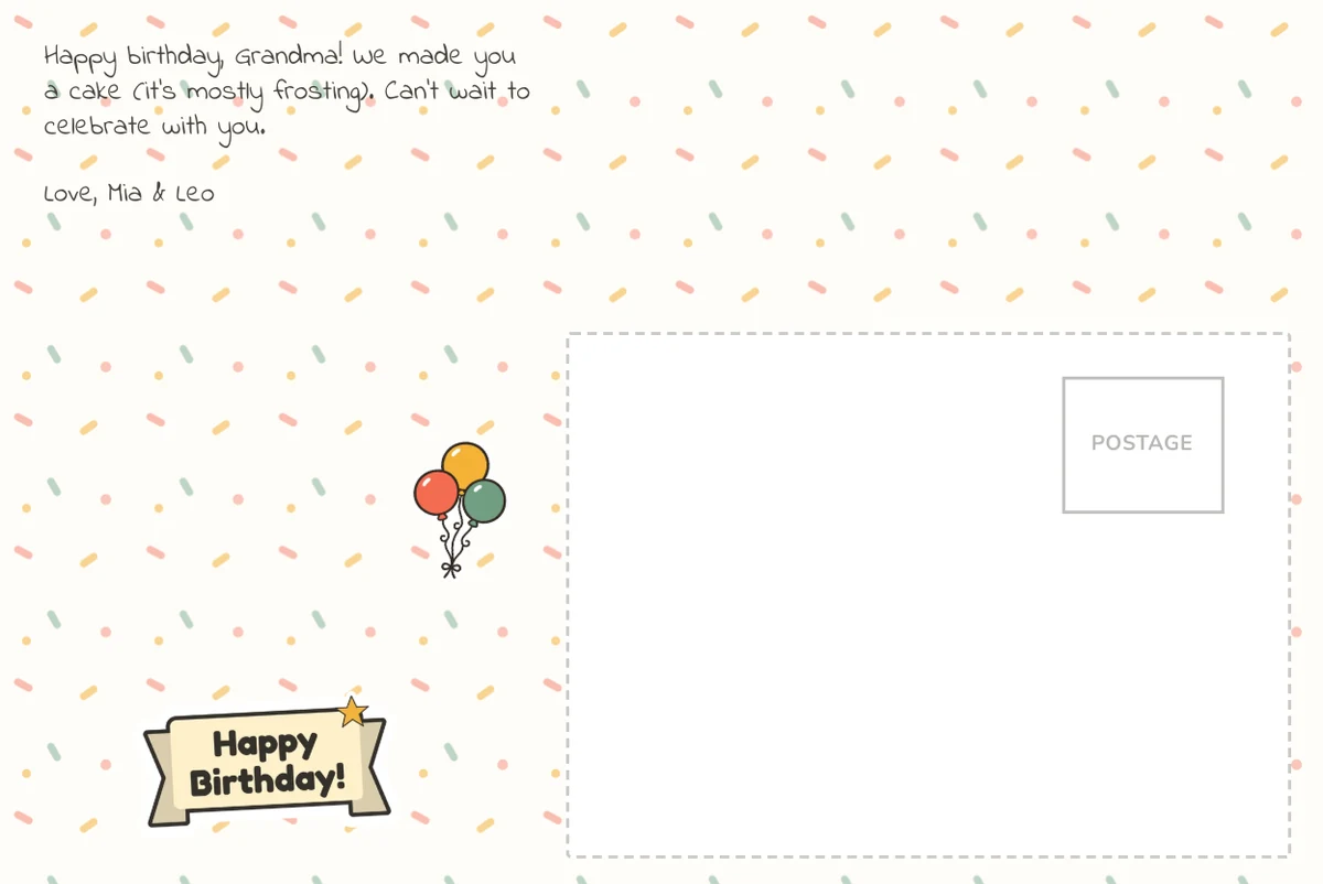 Postcard back on a confetti design with a birthday message to Grandma in a script font, a Happy Birthday sticker and balloons
