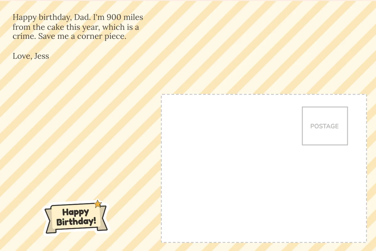 Card back on yellow stripes with a birthday note to Dad from Jess, 900 miles from the cake, printed in a plain serif font with a Happy Birthday sticker