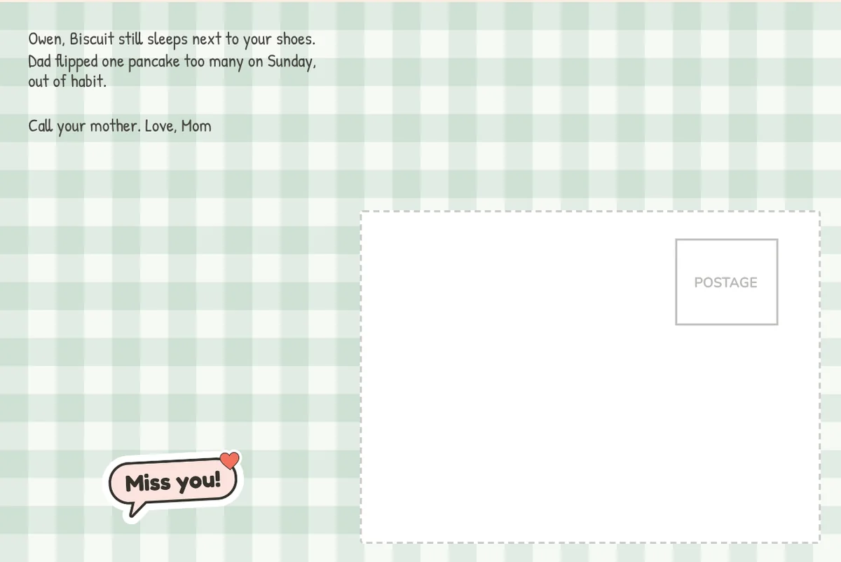 Card back on a sage gingham pattern with a note from Mom to Owen about the dog and Sunday pancakes, and a Miss you! sticker
