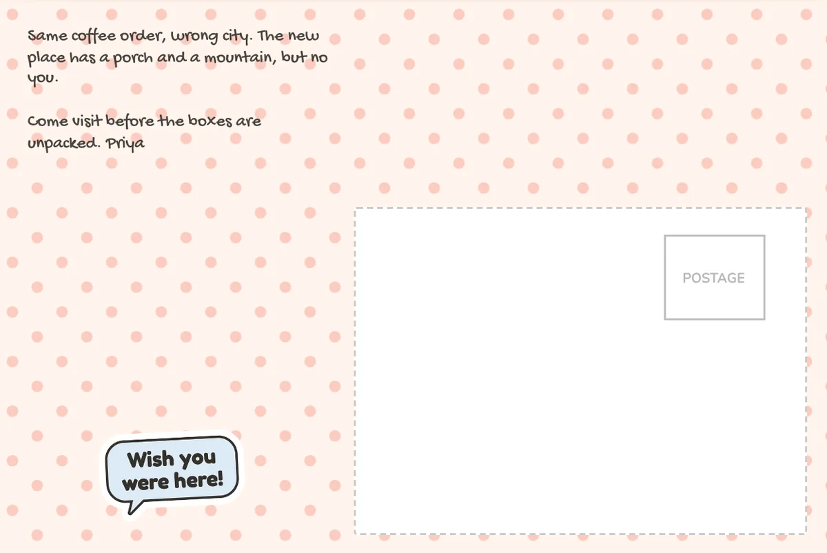 Card back on a peach dots pattern with a note from Priya about the new porch and the mountain, and a Wish you were here! sticker