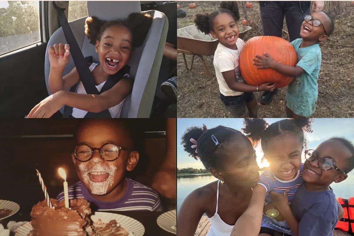 Card front with four photos: a girl laughing in a car seat, two kids lifting a pumpkin, a boy with frosting on his face, and a mom hugging two kids by a lake