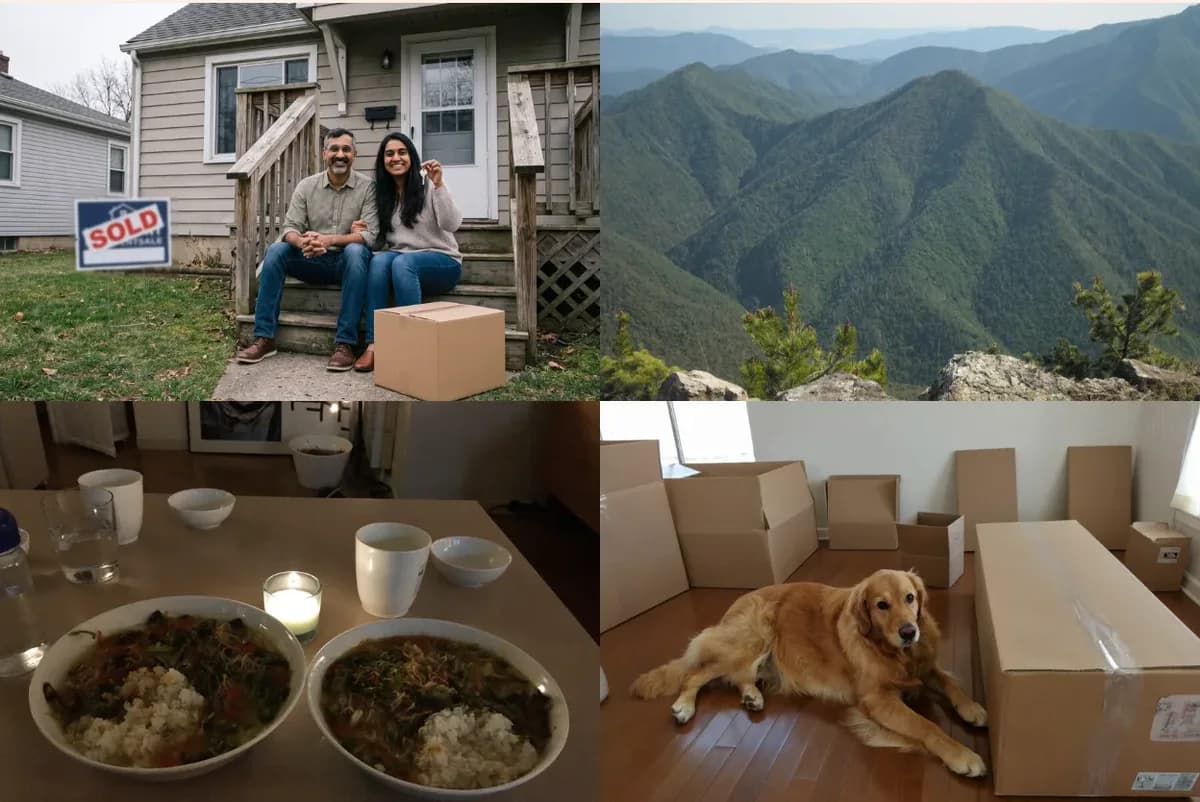 Card front with four photos: a couple on the steps of a new house with a Sold sign, green mountains, two bowls of dinner by candlelight, and a golden retriever among moving boxes