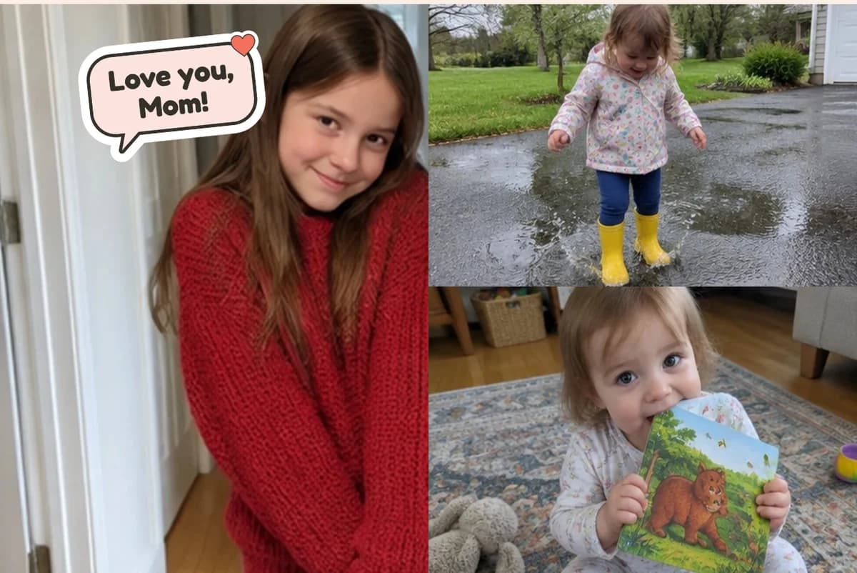 Card front with three photos, a girl in a red sweater, a toddler in yellow rain boots in a puddle and a baby chewing a picture book, with a Love you, Mom! sticker