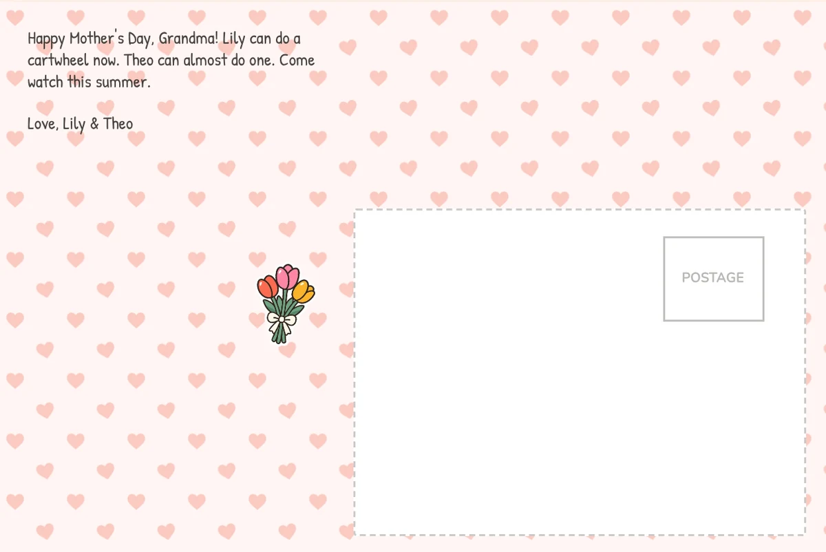 Card back on the pink Hearts pattern with a printed note to Grandma about a cartwheel, a tulips sticker and the address box