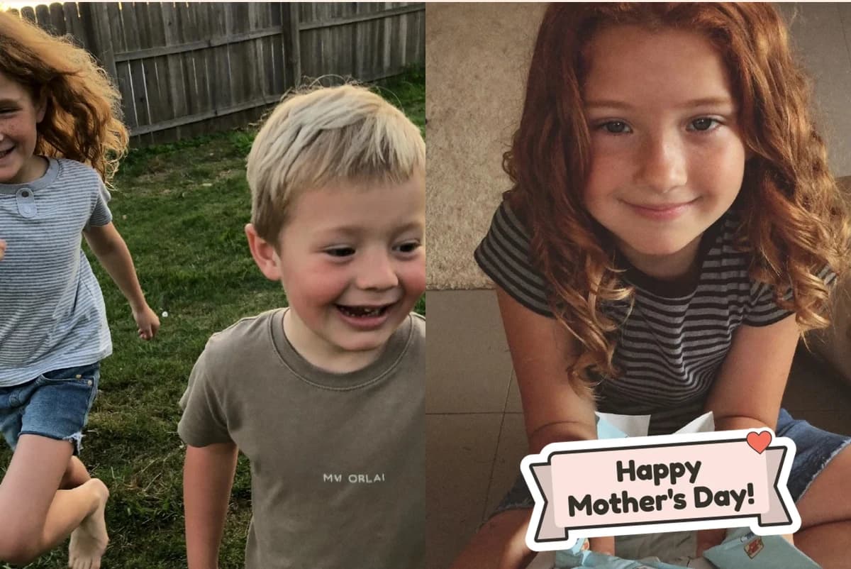 Card front with two photos side by side, a boy and his sister running across a backyard and the sister smiling in a striped shirt, with a Happy Mother's Day! banner