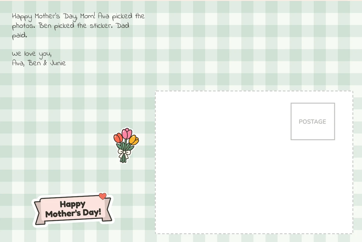Card back on green gingham with a note to Mom signed Ava, Ben and Junie, tulips and a Happy Mother's Day! banner