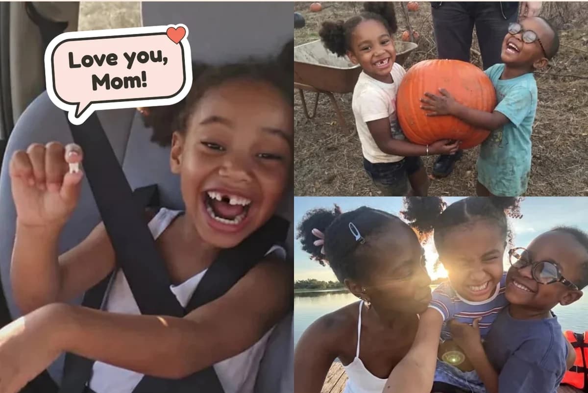 Card front with three photos: a girl showing a lost tooth, two kids hugging a pumpkin and a lakeside selfie, with a Love you, Mom! sticker