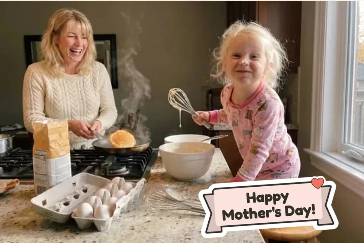 Card front with one photo of a woman flipping pancakes beside a toddler holding a whisk, with a Happy Mother's Day! banner