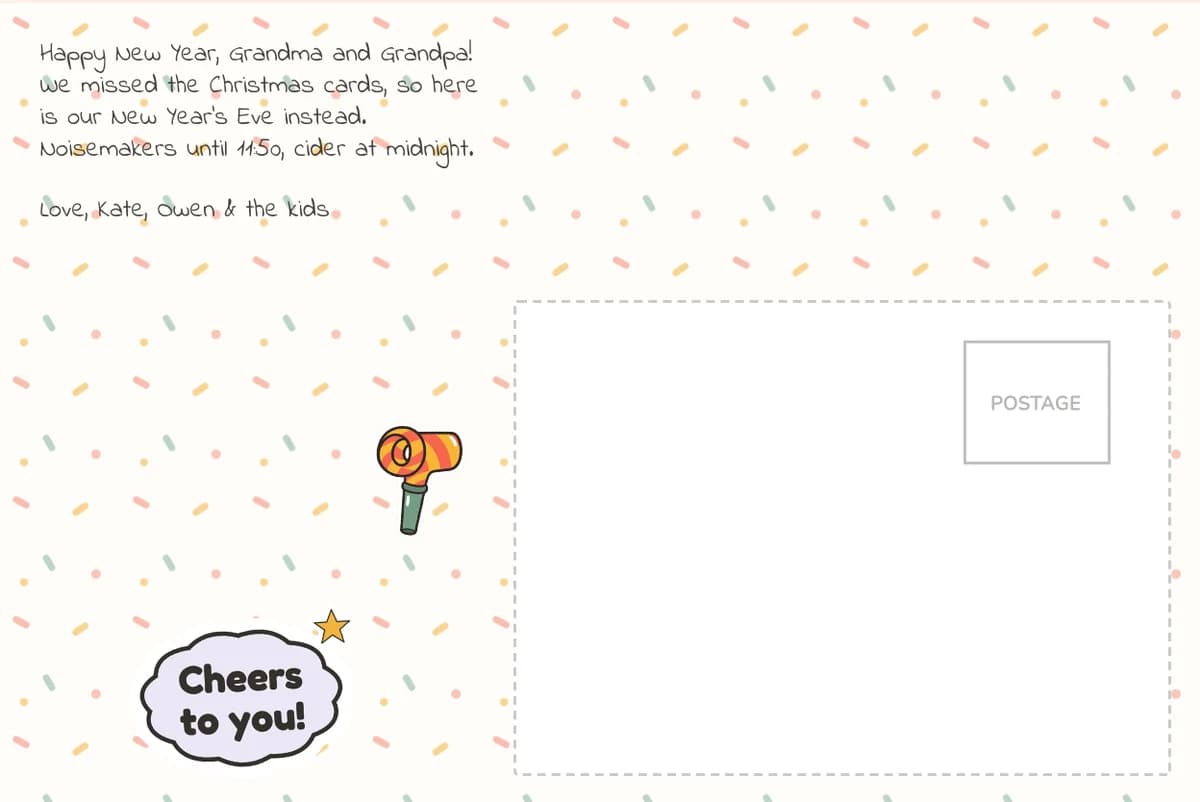 Card back on the Confetti pattern with a note to Grandma and Grandpa in a handwriting-style font, a noisemaker sticker and a Cheers to you! sticker