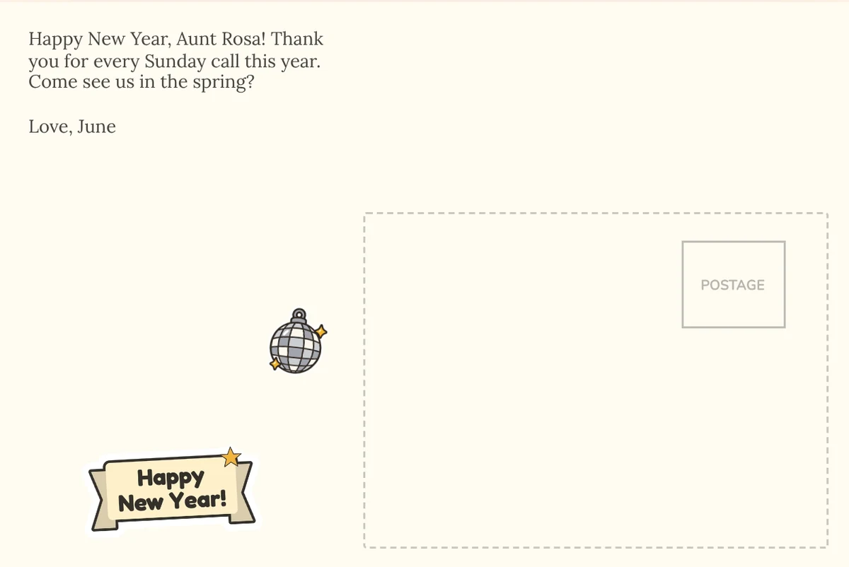 Card back on plain cream with a short note to an aunt in a serif font, a disco ball sticker and a Happy New Year! banner