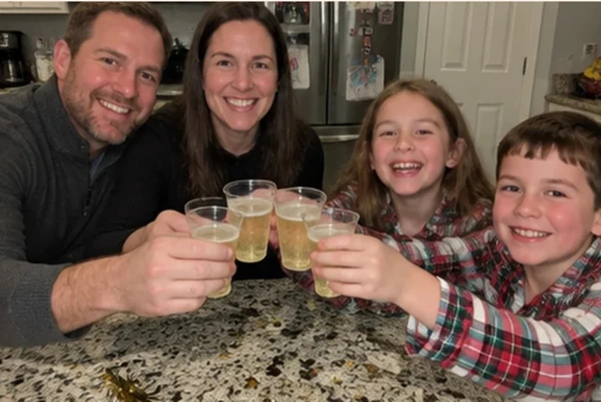 Card front with one full-size photo of a mom, dad and two kids in plaid pajamas toasting with cups of cider at a kitchen counter