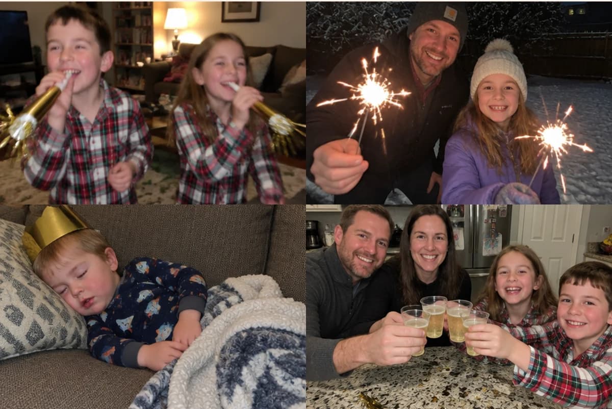 Card front with four photos: two kids blowing noisemakers in plaid pajamas, a dad and daughter with sparklers in the snow, a toddler asleep in a gold party hat, a family toast with cider