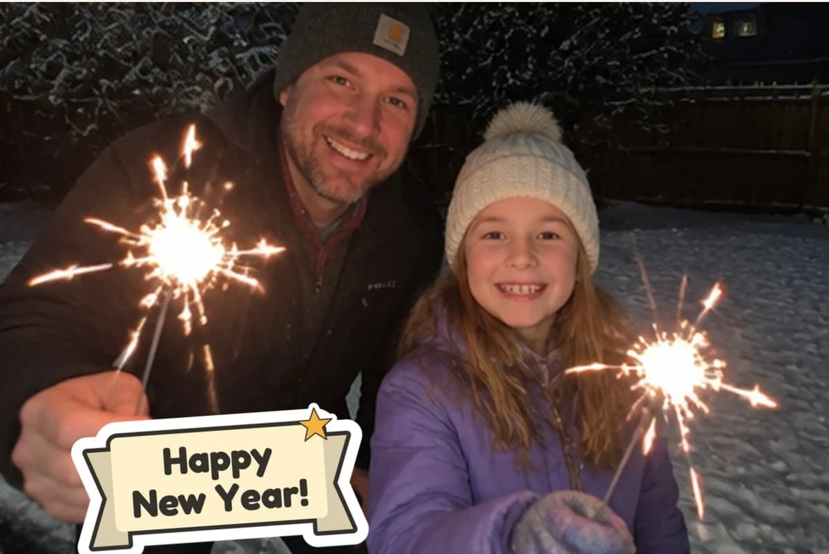 Card front with one full-size photo of a dad and daughter holding sparklers in a snowy yard at night, with a Happy New Year banner sticker