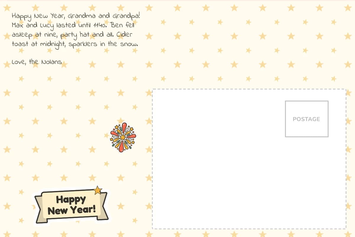Card back on the Stars pattern with a note to the grandparents in a handwriting-style font, a Happy New Year banner and a firework sticker