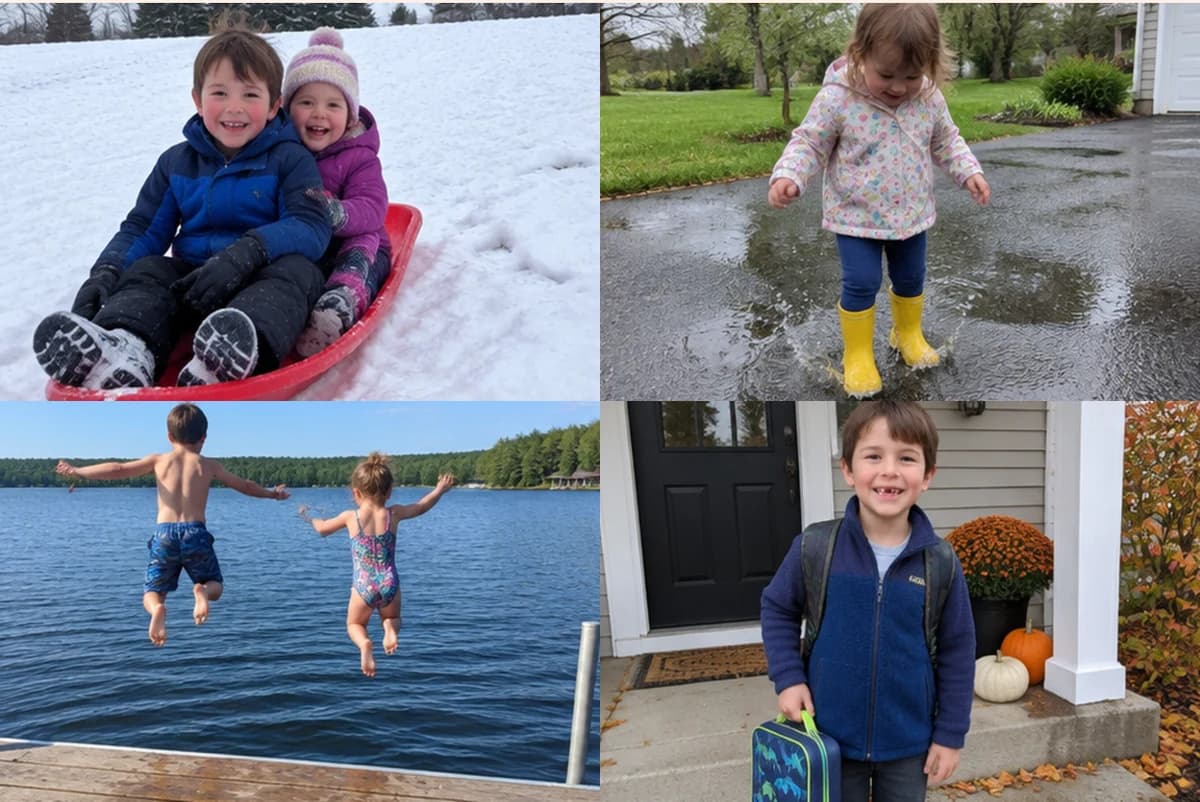 Card front with one photo per season: kids on a red sled, a toddler stomping a puddle in yellow boots, two kids jumping off a dock, a boy with a backpack on the first day of school