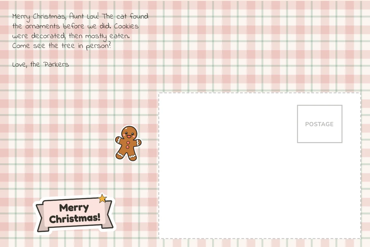 Card back on the Holiday plaid pattern with a note to Aunt Lou about the cat and the cookies, a gingerbread sticker and a Merry Christmas banner