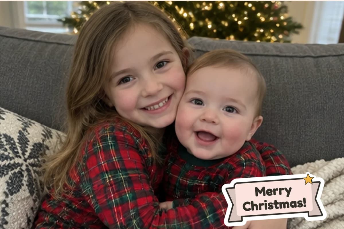 Card front with one full-size photo of a girl hugging her baby brother in plaid pajamas, with a Merry Christmas sticker