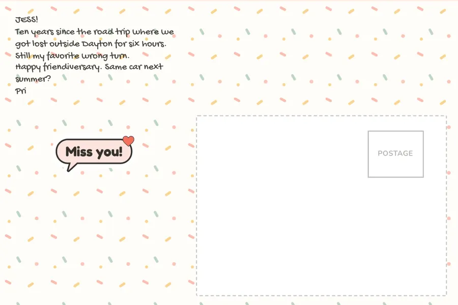 Postcard back in a bold playful font on a confetti design, a message to Jess about a road trip ten years ago, with a Miss you! sticker