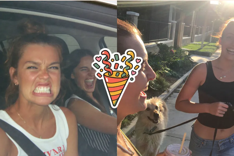 Postcard front with two photos of two women friends, one laughing in a car and one on a sidewalk with a small dog, and a party popper sticker