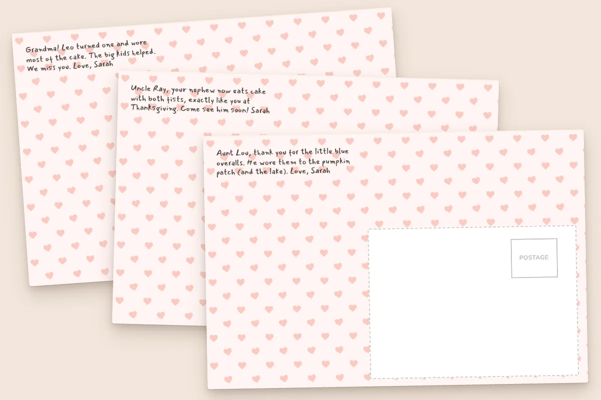 Three postcard backs from one order with the same hearts design and playful font, each with a different message to Grandma, Uncle Ray and Aunt Lou
