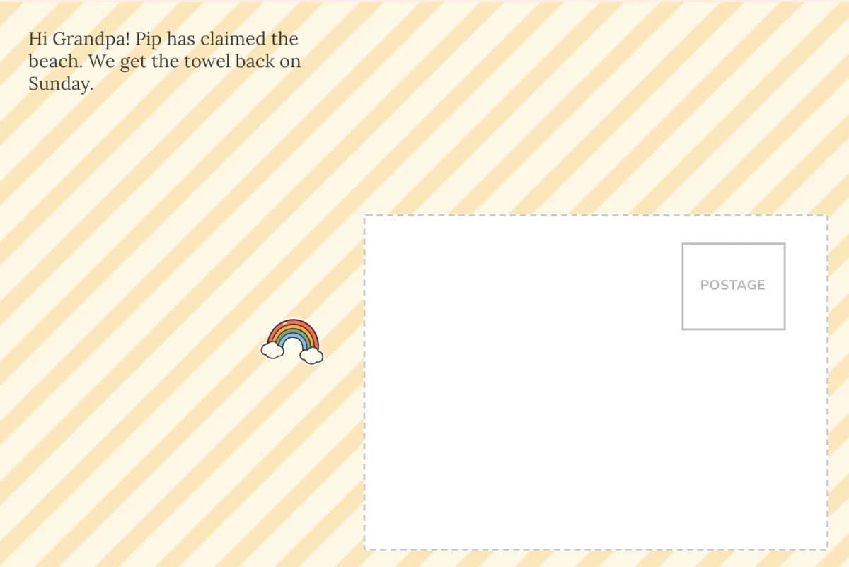 Card back on the Stripes design with a short note to Grandpa and a rainbow sticker beside the address area