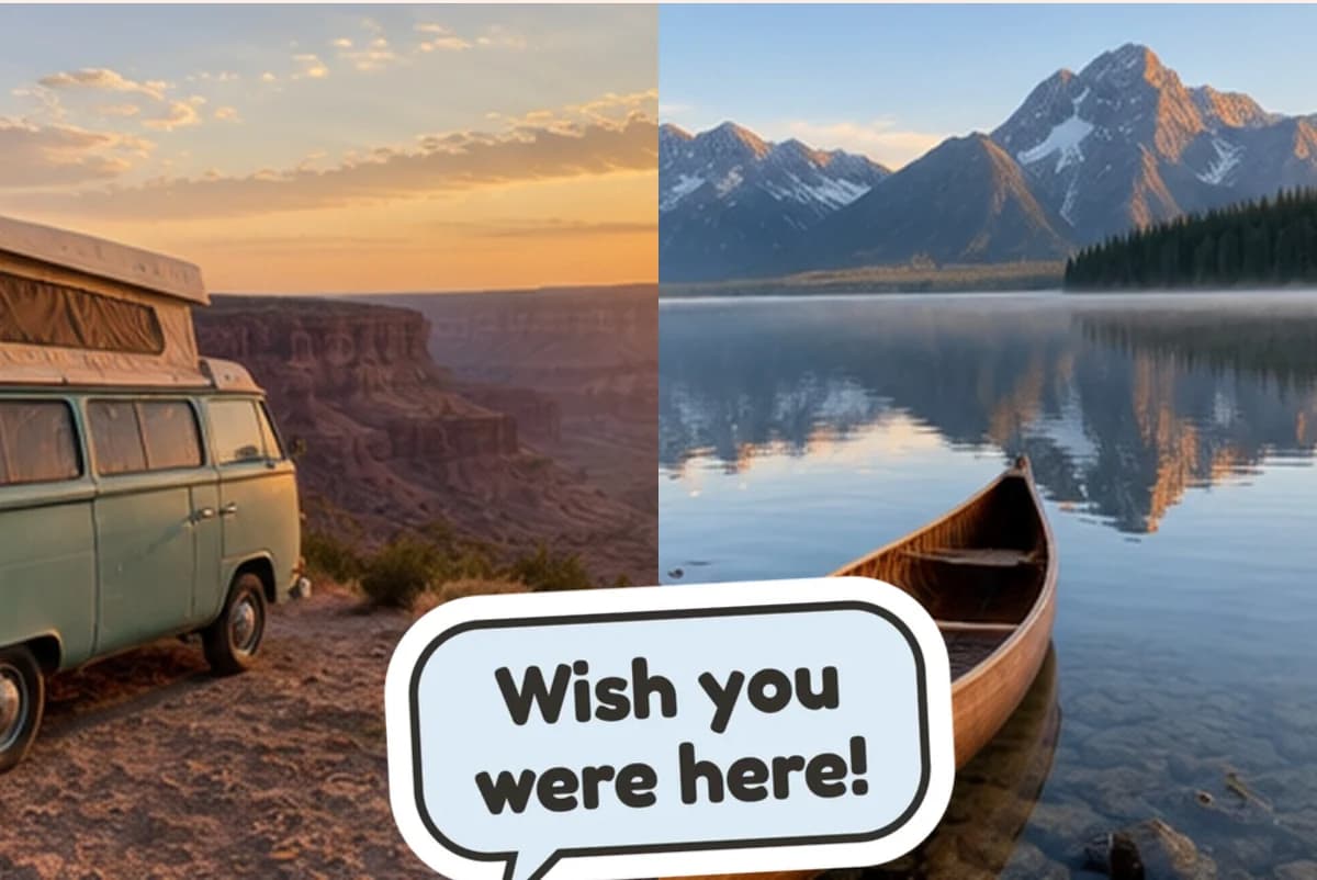 Card front with two photos side by side, a teal camper van at a canyon at sunset and a canoe on a mountain lake, with a Wish you were here! sticker