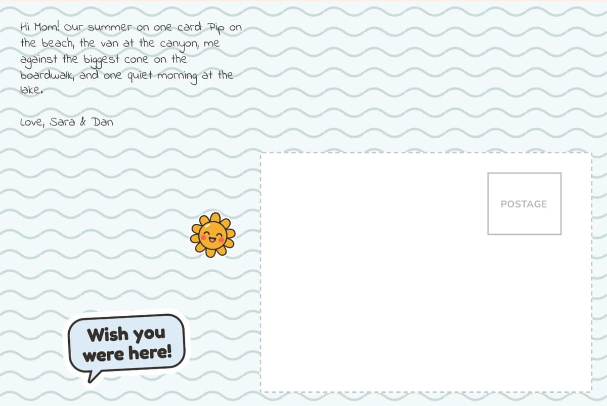 Card back on the Waves design with a summer note to Mom in a handwriting-style font, a Wish you were here banner and a smiling sun
