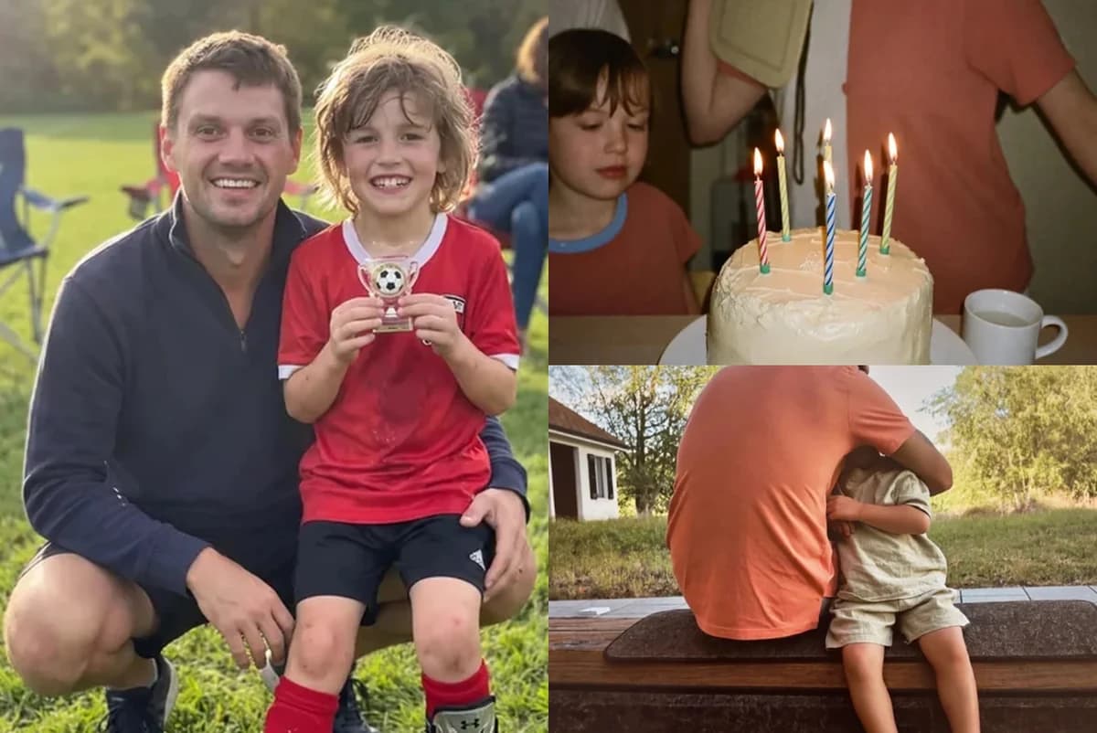 Postcard front with three photos: a dad and son holding a small soccer trophy, a boy beside a birthday cake with lit candles, and a man hugging a little boy on a bench