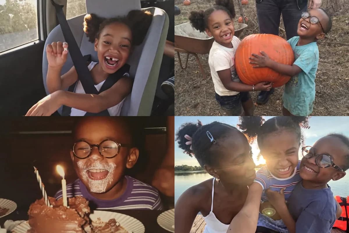 Postcard front with four photos: a girl showing a lost tooth in her car seat, two kids hugging a giant pumpkin, a boy in glasses with frosting on his face, and three siblings by a lake