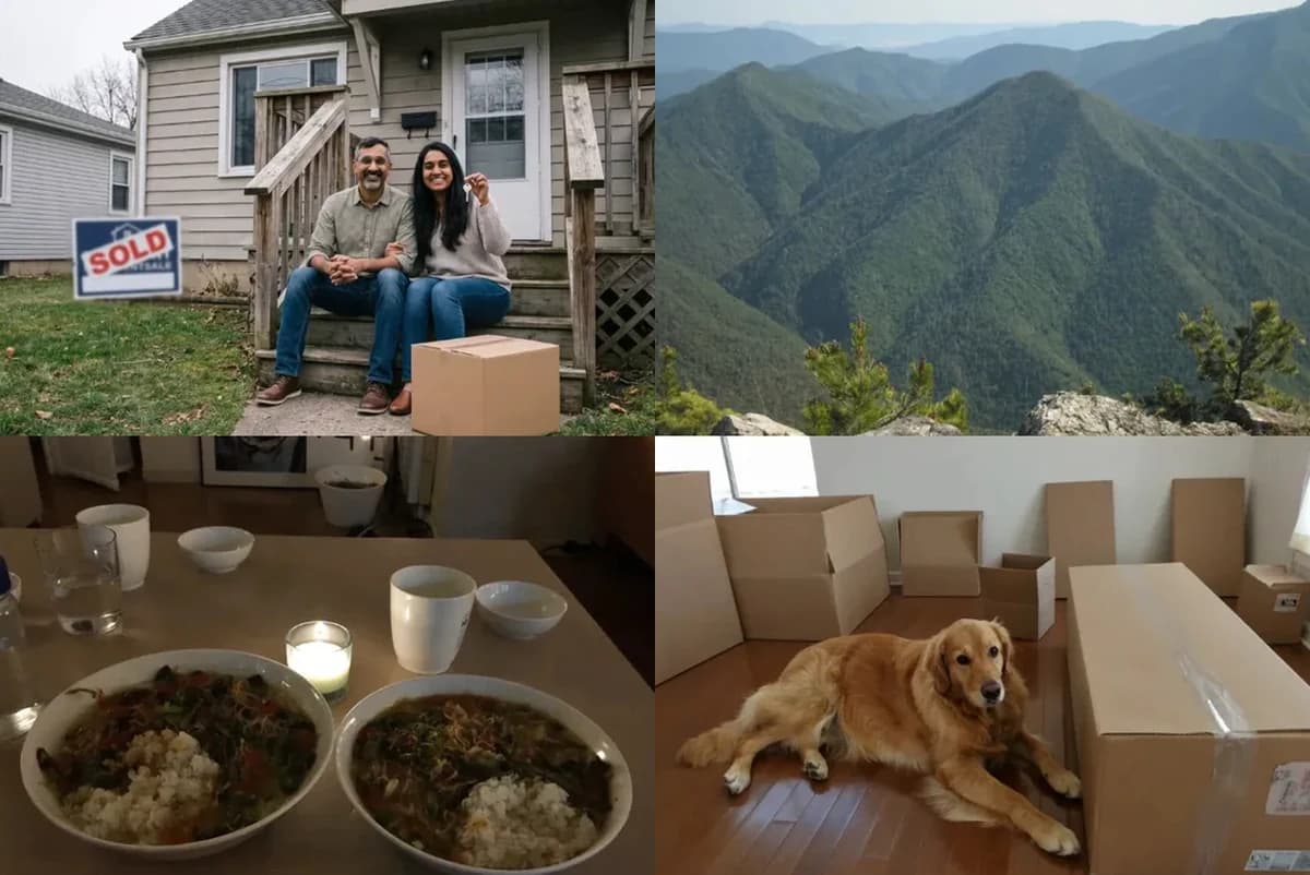 Postcard front with four photos: a couple on the steps of a house with a SOLD sign, a mountain view, two bowls of dinner by candlelight and a golden retriever among moving boxes