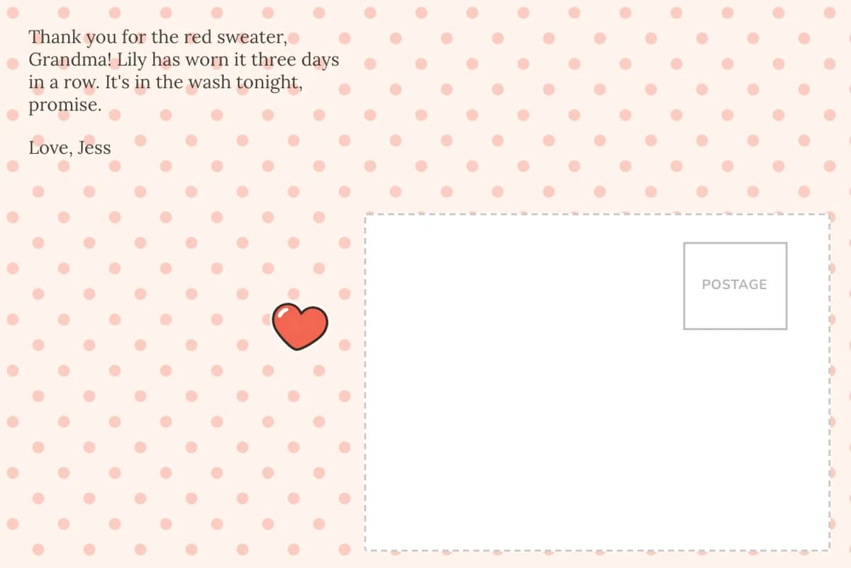 Card back on a pink polka-dot design with a thank-you note to Grandma about the red sweater in a plain serif font, a heart sticker and the blank address box