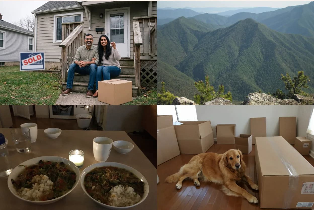 Front of a photo postcard to a friend far away: a couple on the steps of a house with a SOLD sign and a moving box, a mountain view, two bowls of dinner by candlelight, and a golden retriever lying among moving boxes